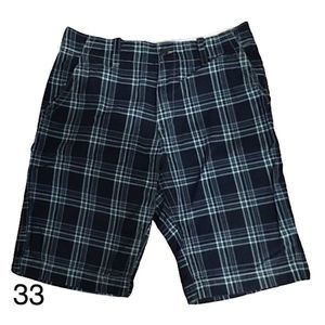 OLD NAVY Mens Flat Front Navy Plaid Longer Length Shorts Sz 33